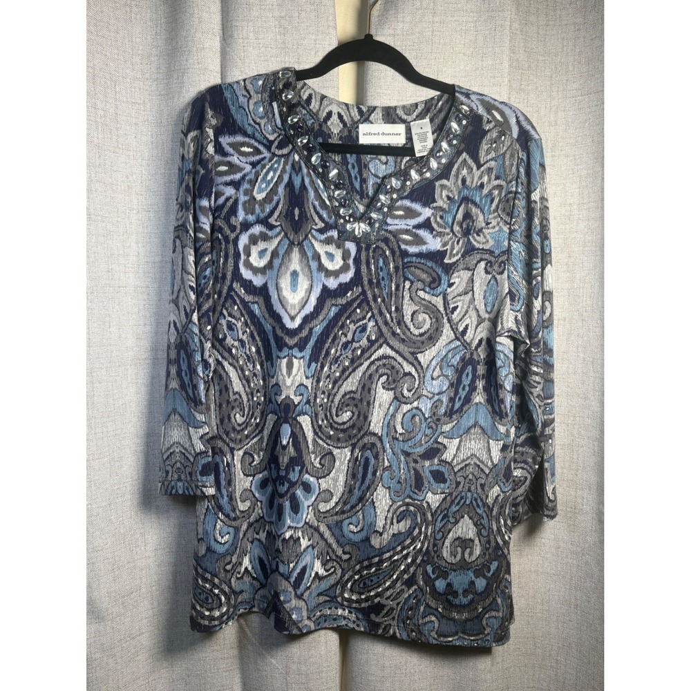 Alfred Dunner Womens Blue Paisley Rhinestone Embellished 3/4 Sleeve Top Small